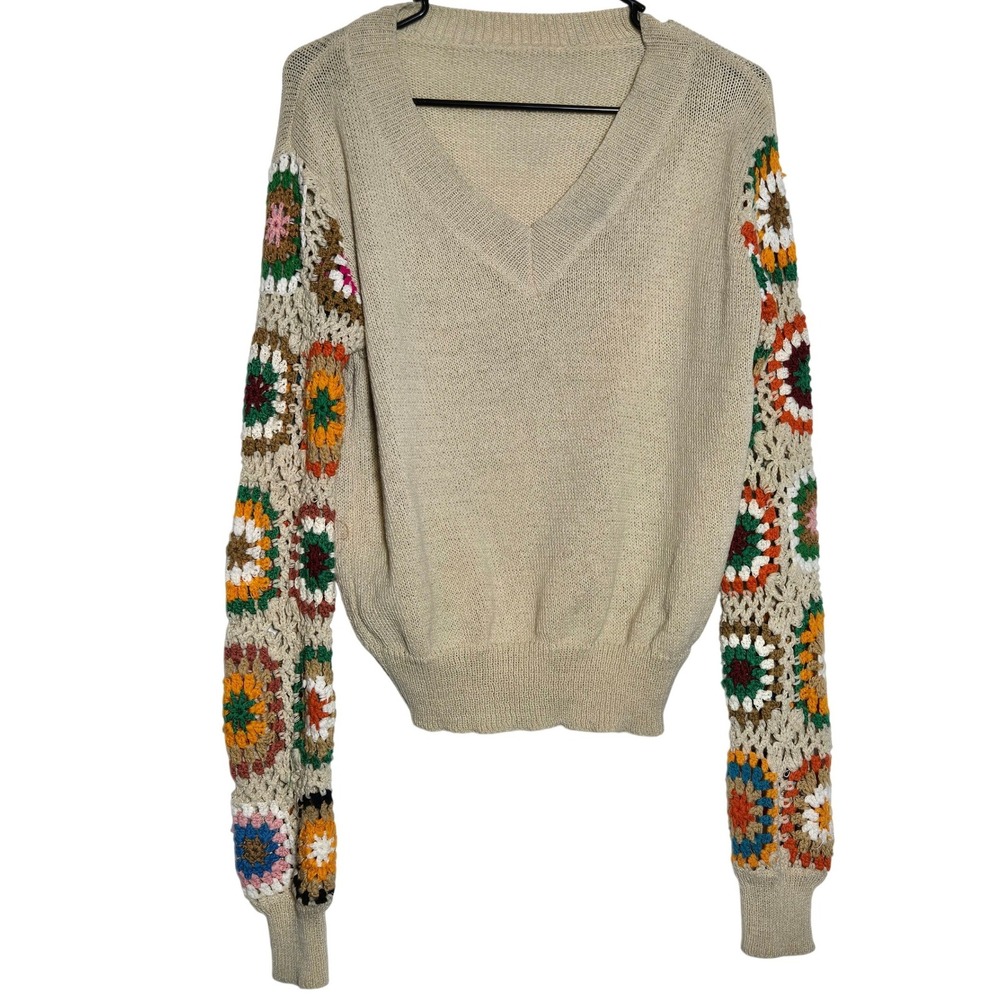 Crochet Granny Square Sleeves Vneck Beige Sweater Large Boho Cottage Retro